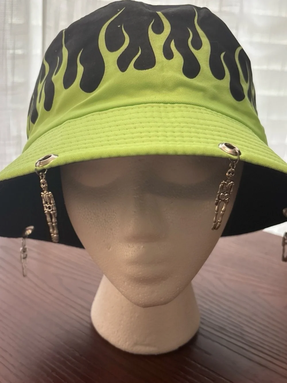 Neon Lime Flame Bucket Hat with Skeleton Charms